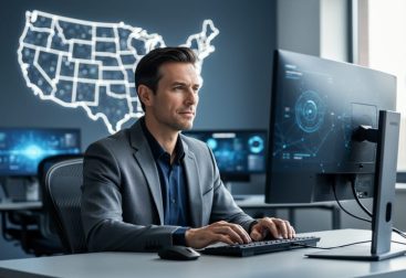 Business analyst at a modern desk viewing an ultrawide monitor, eye-level straight-on medium shot with soft natural light and screen glow; blurred background shows abstract glowing nodes forming a subtle outline of the United States, conveying nationwide data and reliability without any visible text or charts.