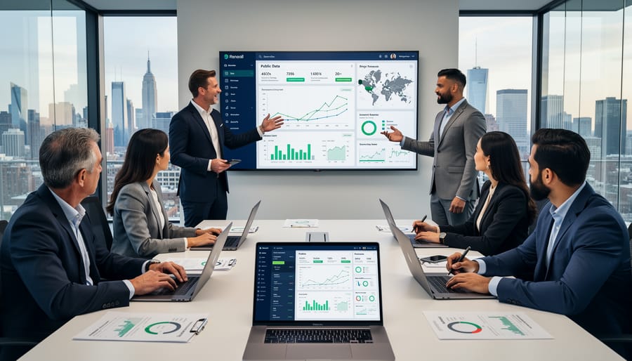 Business professional working with data on laptop in modern office setting