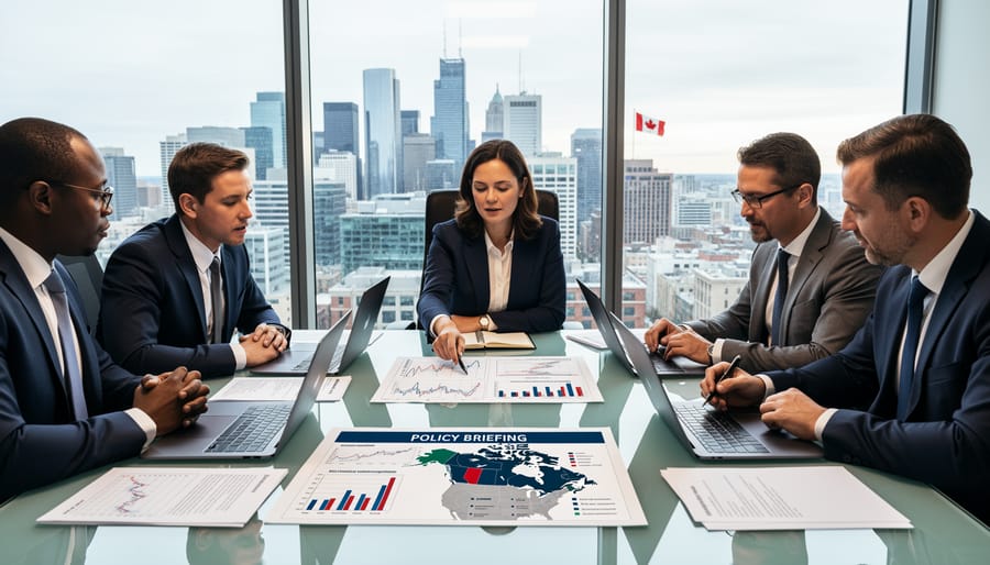 Business professionals collaborating on economic analysis at boardroom table with city skyline in background