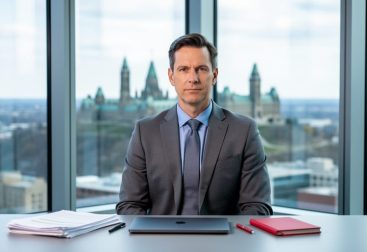 Canadian business analyst at a glass desk with printed documents and a closed laptop, photographed at eye level in soft daylight, with Parliament Hill and downtown Ottawa softly blurred through floor-to-ceiling windows.