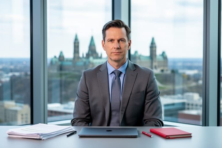 Canadian business analyst at a glass desk with printed documents and a closed laptop, photographed at eye level in soft daylight, with Parliament Hill and downtown Ottawa softly blurred through floor-to-ceiling windows.