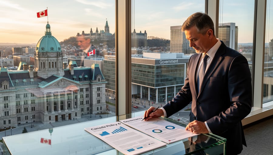 Parliament Hill and Canadian flag with modern business district buildings in Ottawa