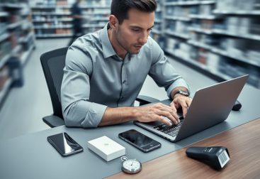 Market research analyst at a modern desk comparing two smartphone prototypes with a laptop, stopwatch, and barcode scanner, with a softly blurred retail aisle in the background