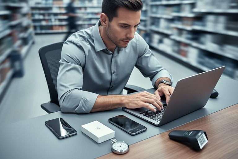 Market research analyst at a modern desk comparing two smartphone prototypes with a laptop, stopwatch, and barcode scanner, with a softly blurred retail aisle in the background