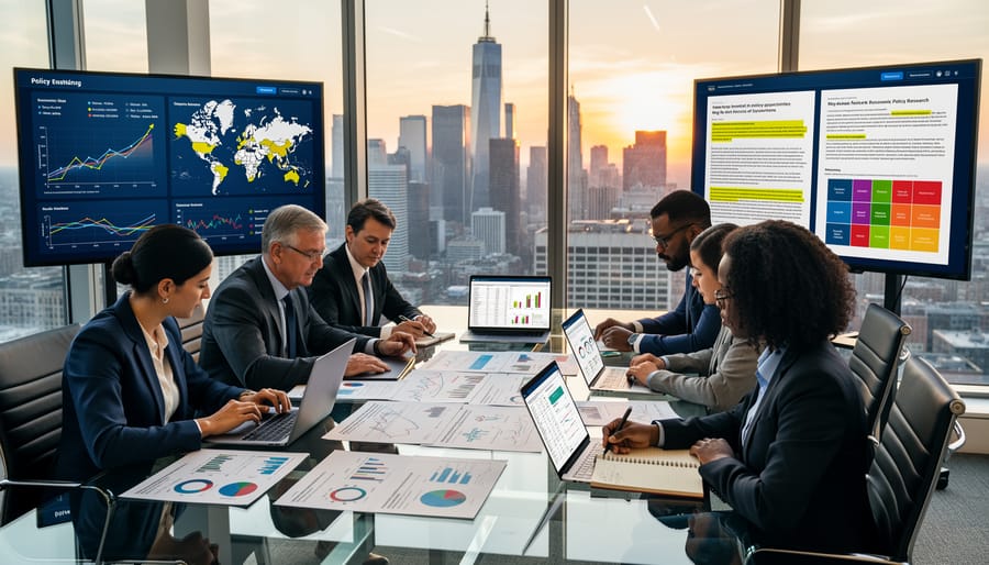 Business professional analyzing economic data on digital tablet while reviewing documents