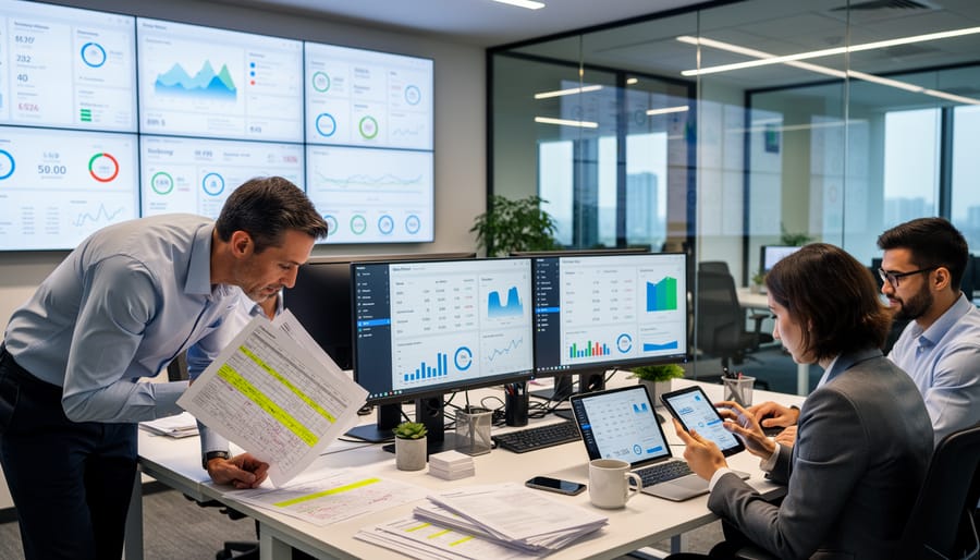 A data scientist attentively reviewing information in a modern analytics room with glowing indicator lights.