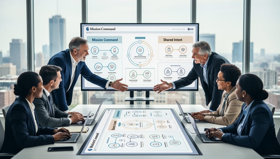 A diverse team of analysts collaborating around a table with briefing materials in a modern office.