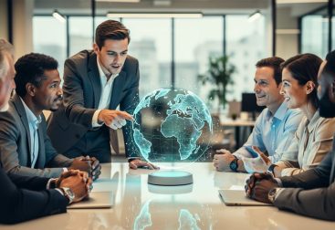 Business leaders collaborating at a table with a glowing network globe centerpiece symbolizing shared understanding and trustworthy information.