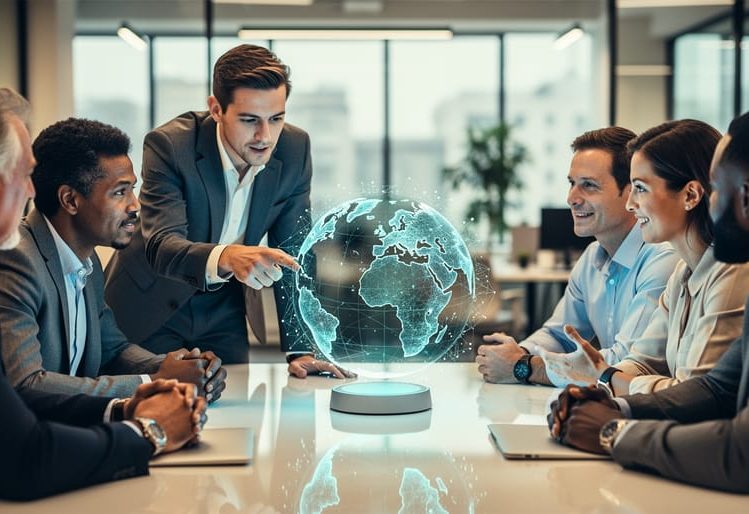 Business leaders collaborating at a table with a glowing network globe centerpiece symbolizing shared understanding and trustworthy information.