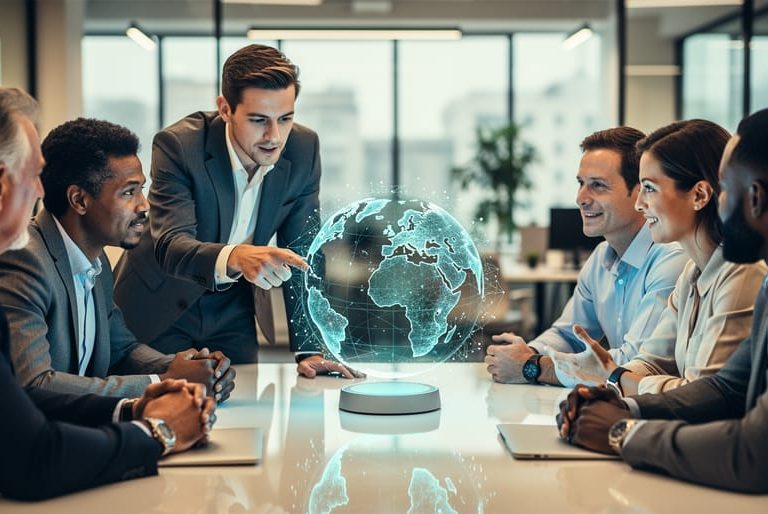 Business leaders collaborating at a table with a glowing network globe centerpiece symbolizing shared understanding and trustworthy information.