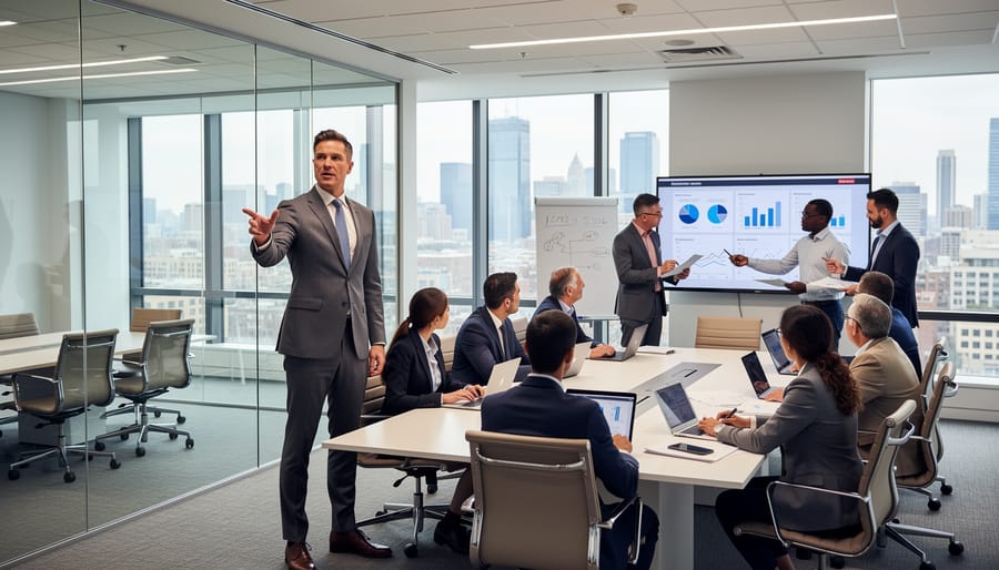 A senior business leader holding a tablet and looking out the window with a team in the background