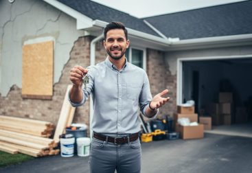 Cash home buyer holding keys next to a weathered house facade with repair materials in view, representing purchasing properties in any condition.