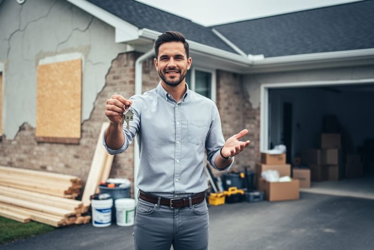 Cash home buyer holding keys next to a weathered house facade with repair materials in view, representing purchasing properties in any condition.