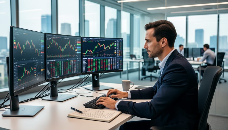 Finance professional observing a large market data display with abstract signals in a modern office.