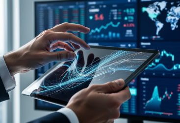 Hands reviewing a dark tablet with abstract market signal light paths in a modern finance setting with softly blurred screens in the background.