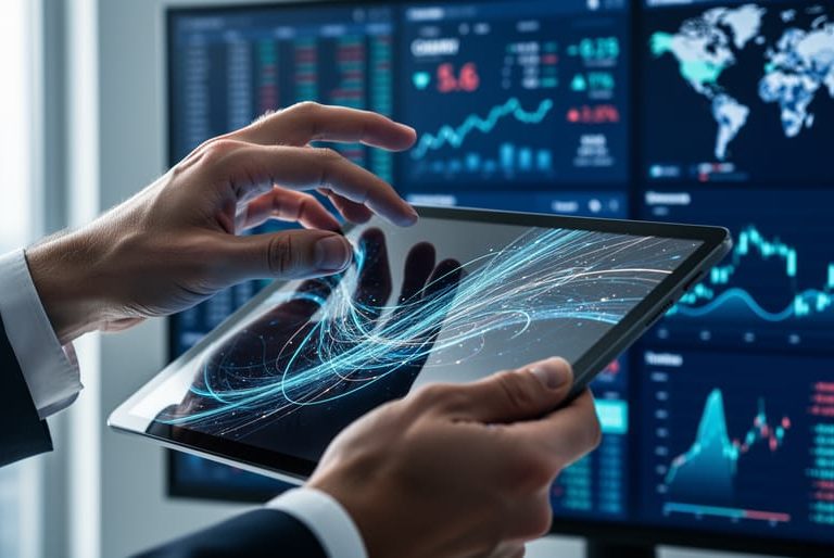 Hands reviewing a dark tablet with abstract market signal light paths in a modern finance setting with softly blurred screens in the background.