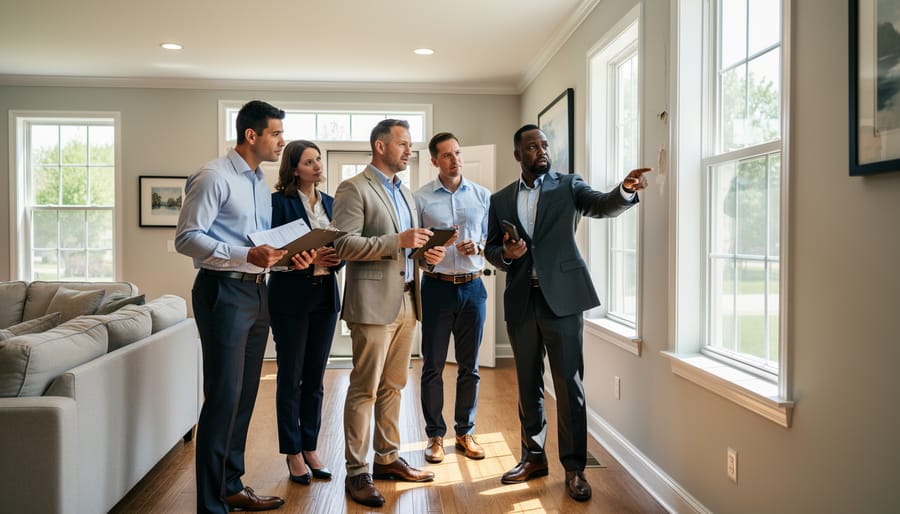 Investors in hard hats and safety vests reviewing a property inside a partially renovated home