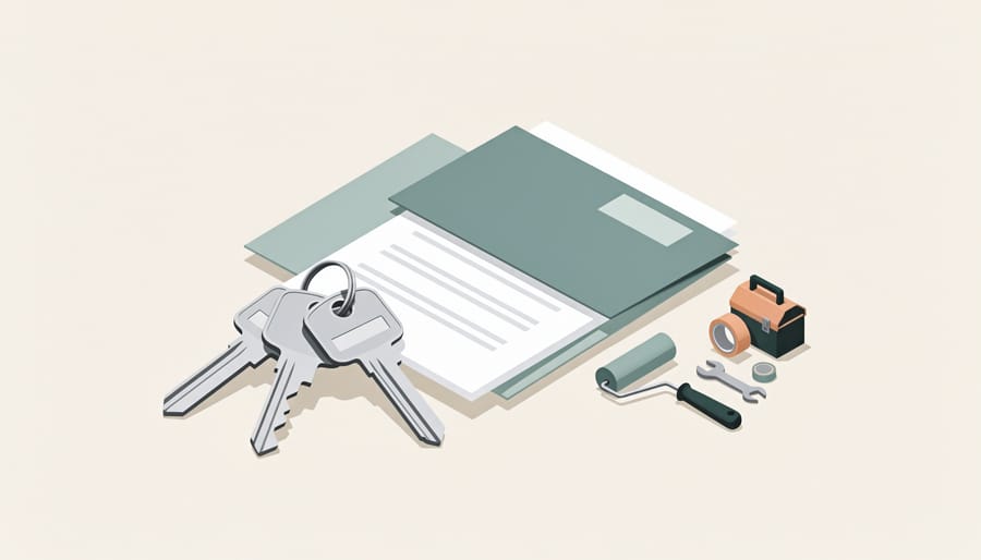 Keys and closing envelope on a workbench next to paint and repair tools