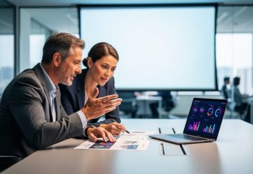 Executive leader and marketing professional collaborating at a conference table with a blank presentation screen and shared campaign materials in a modern office.