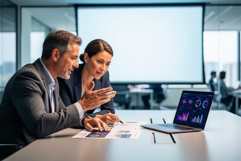 Executive leader and marketing professional collaborating at a conference table with a blank presentation screen and shared campaign materials in a modern office.