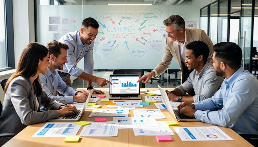 Marketing team members reviewing customer insights during a meeting
