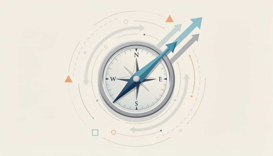 Metal compass on a desk next to branding materials and blank paper cards