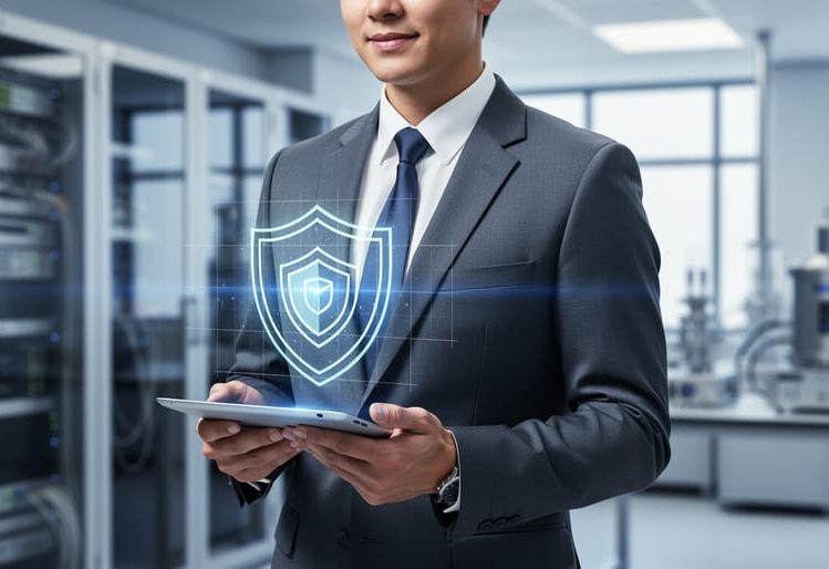 Business professional holding a tablet with abstract, non-text security and measurement visuals in a modern office with blurred industrial and technology background.