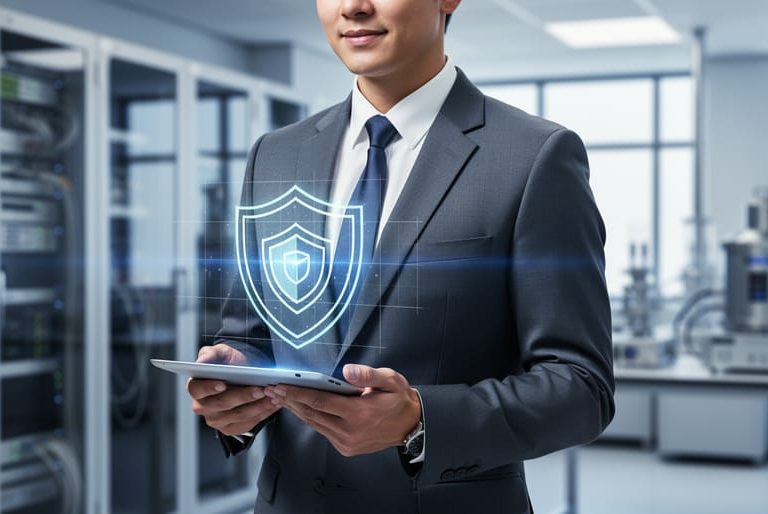 Business professional holding a tablet with abstract, non-text security and measurement visuals in a modern office with blurred industrial and technology background.