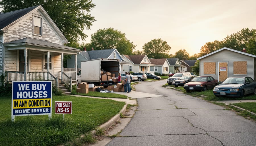 Residential neighborhood with several houses and yard signage indicating potential distress