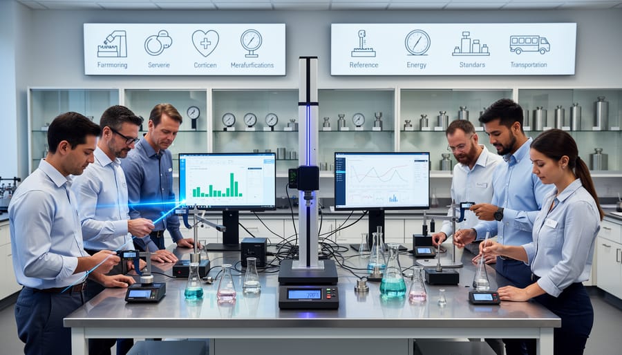 Scientist performing precise measurements with optical equipment in a laboratory