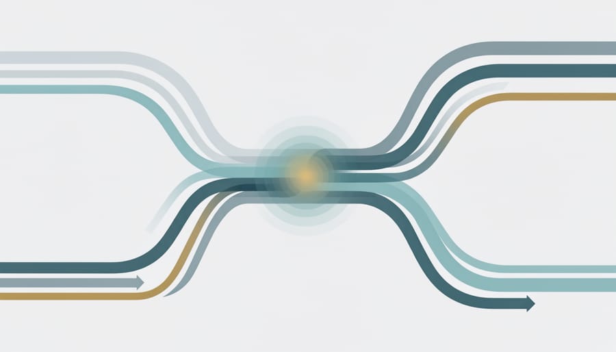 Stone bridge with layered blocks and converging streams of water symbolizing combined data signals.