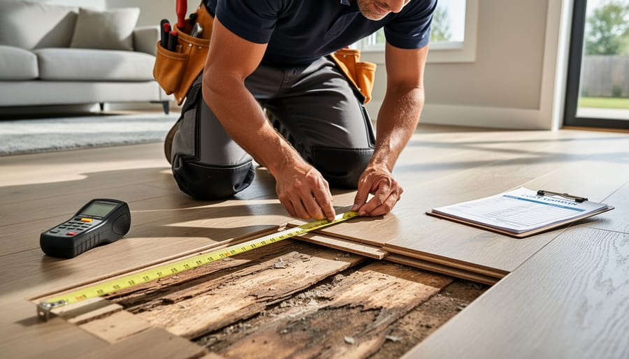 Tools including a moisture meter and tape measure on a damaged indoor floor