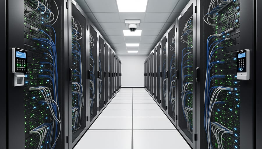 Wide view of a modern data center aisle with server racks