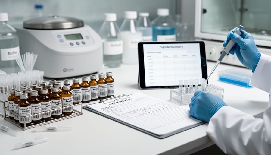 Gloved researcher placing small reagent vials on a biotech lab bench next to pipettes and laboratory instruments