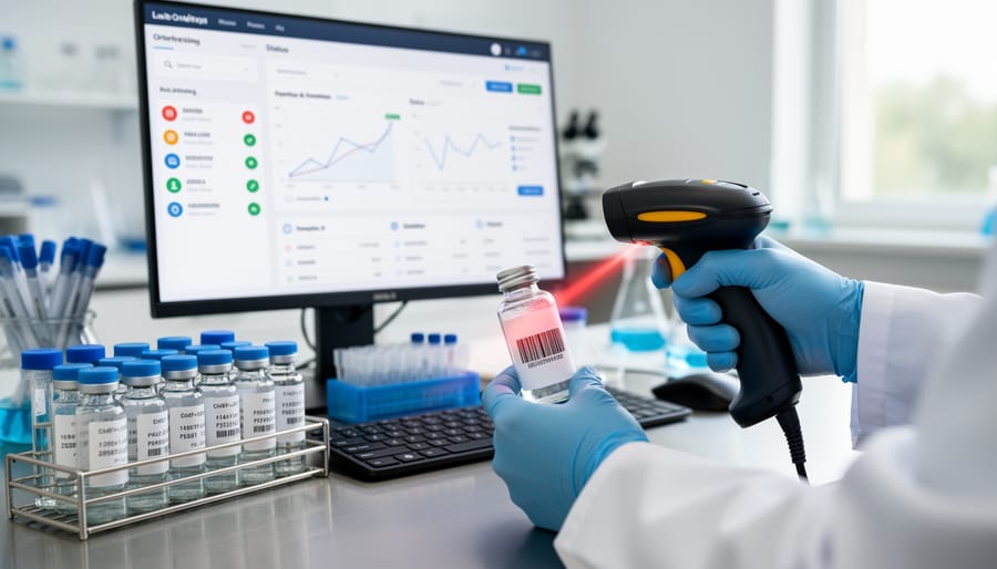 Researcher scanning a code on a sample container at a lab workstation with no visible readable text