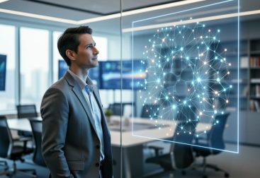 A business strategist in a modern control room surrounded by softly glowing network connections, representing predictive market insight and unified brand positioning.