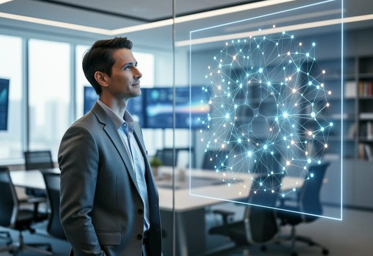 A business strategist in a modern control room surrounded by softly glowing network connections, representing predictive market insight and unified brand positioning.