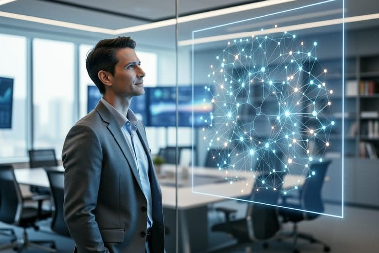A business strategist in a modern control room surrounded by softly glowing network connections, representing predictive market insight and unified brand positioning.