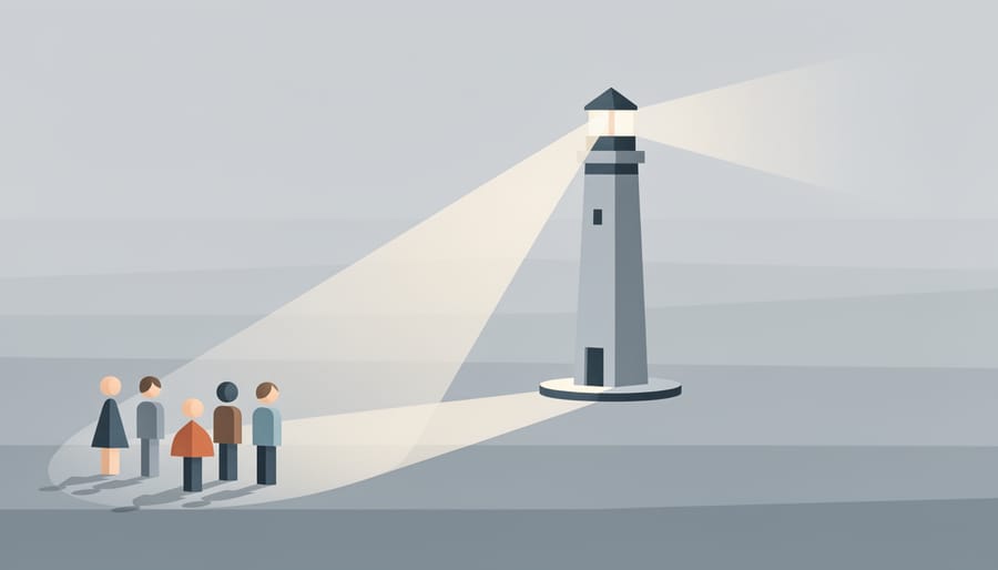Lighthouse beams cutting through morning fog on a rocky coastline
