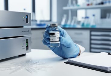 Gloved hand holding a sealed laboratory vial next to analytical equipment on a clean biotech bench, conveying research-peptide quality testing.