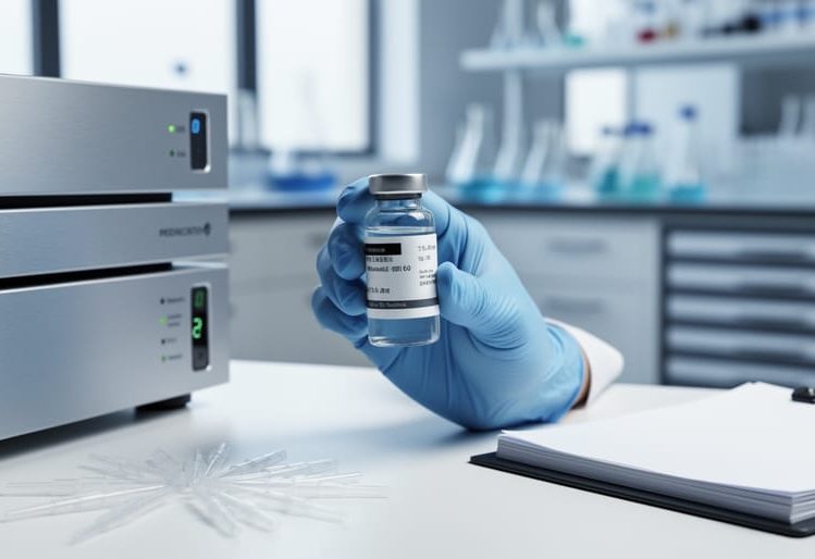 Gloved hand holding a sealed laboratory vial next to analytical equipment on a clean biotech bench, conveying research-peptide quality testing.