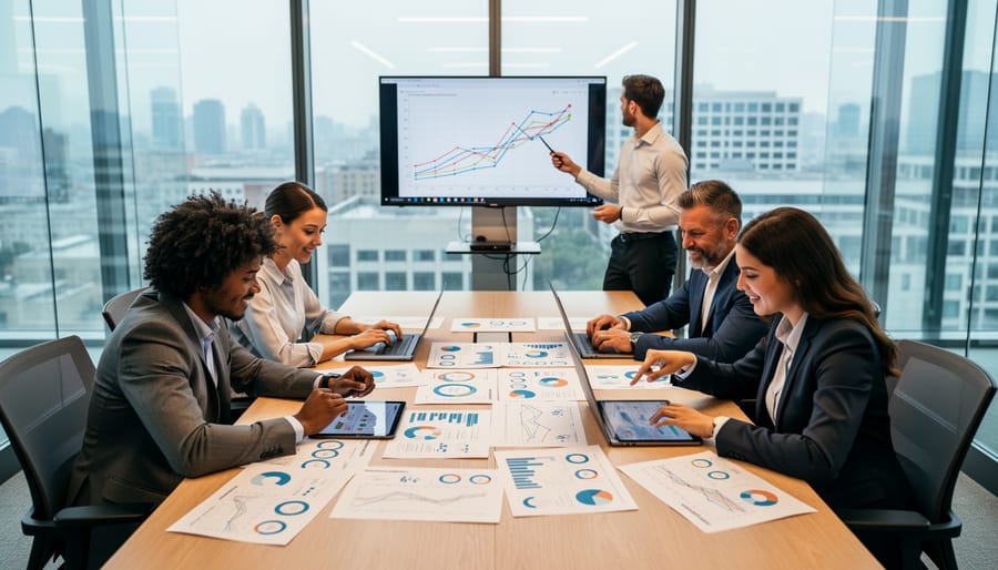 Team reviewing strategic reports and data in a conference room with blurred screens
