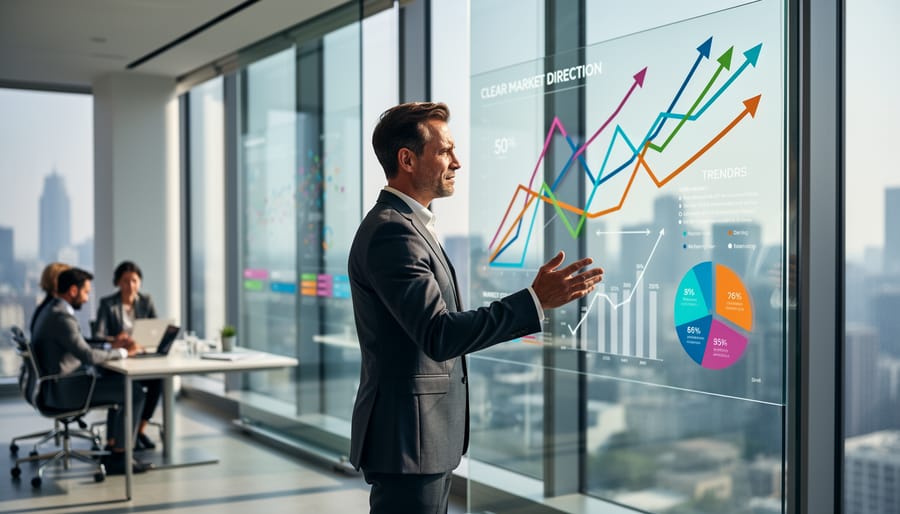Business leader in a modern office looking outward while holding a tablet