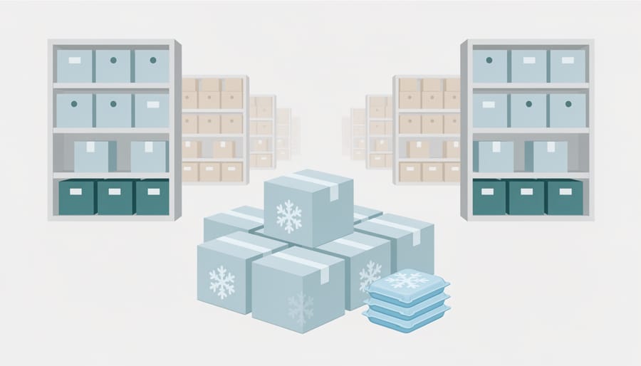 Organized warehouse aisle with stacked shipping crates and cold-pack coolers for scientific products