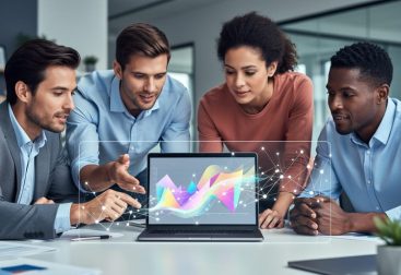 A team of analysts collaborating around a laptop in a modern office, representing technology-assisted market research and actionable insights.