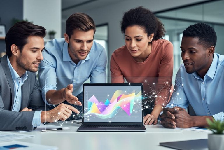 A team of analysts collaborating around a laptop in a modern office, representing technology-assisted market research and actionable insights.