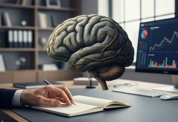 A textured brain silhouette over a modern desk scene, with blurred research and business background elements suggesting evolutionary psychology in professional decision-making.
