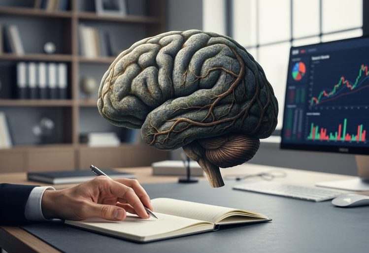 A textured brain silhouette over a modern desk scene, with blurred research and business background elements suggesting evolutionary psychology in professional decision-making.