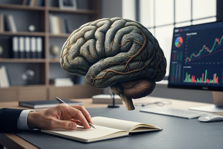 A textured brain silhouette over a modern desk scene, with blurred research and business background elements suggesting evolutionary psychology in professional decision-making.