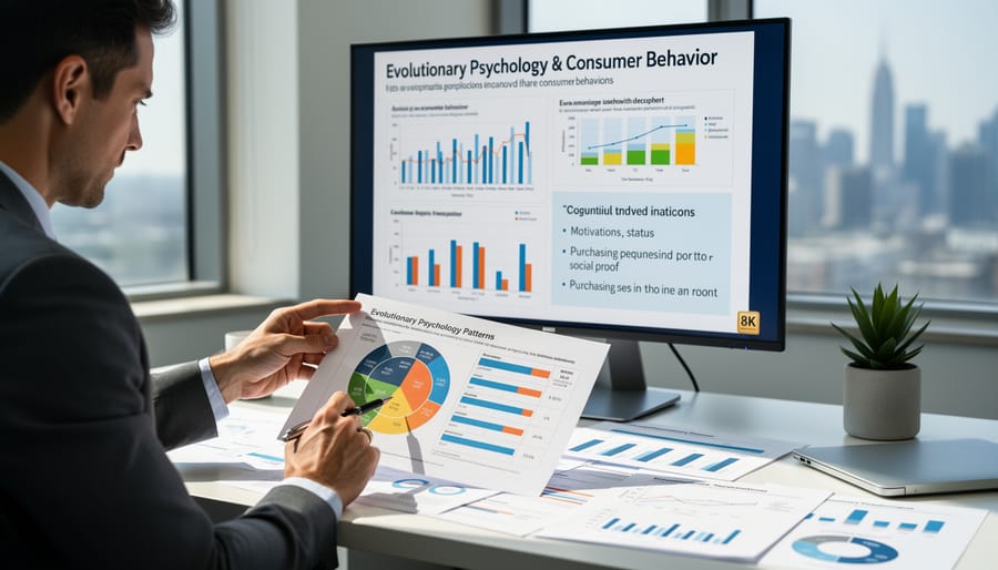 Business professional holding a tablet in a market research room with blurred background materials